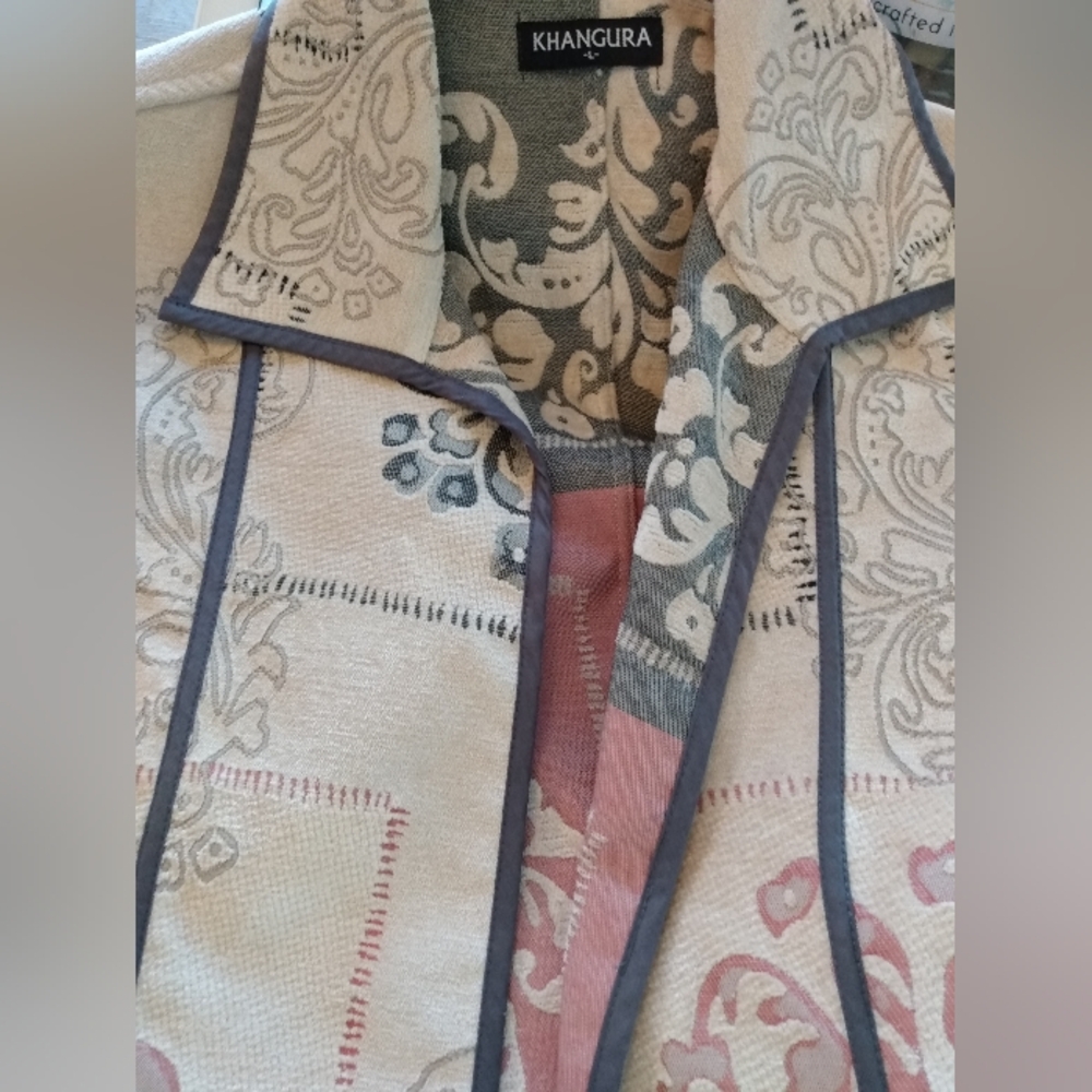 Khangura Patterned Jacket Size Large Light Tan Grey Dusty Rose Reversible Jacket